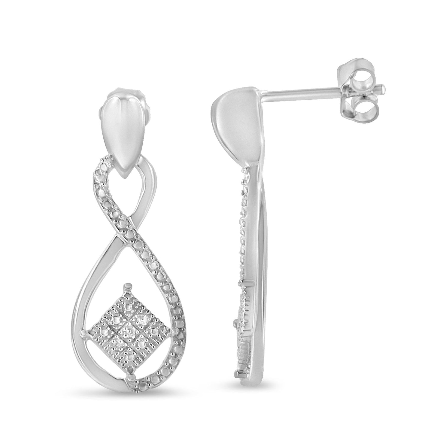 .925 Sterling Silver Round-Cut Diamond Tilted Square & Infinity Drop Earrings