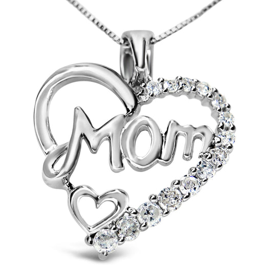 .925 Sterling Silver 1/4 Ct Round Diamond "Mom" Heart Pendant 18" Necklace