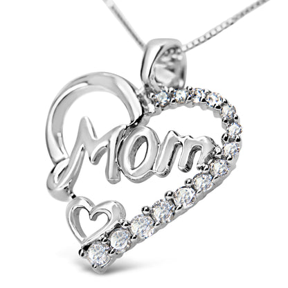 .925 Sterling Silver 1/4 Ct Round Diamond "Mom" Heart Pendant 18" Necklace