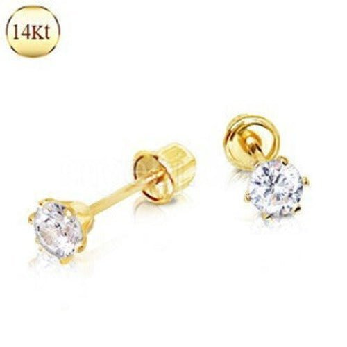 Pair of 14Ct. Yellow Gold Clear Round CZ Earring With Screw Back