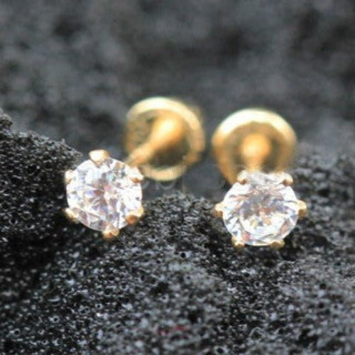 Pair of 14Ct. Yellow Gold Clear Round CZ Earring With Screw Back